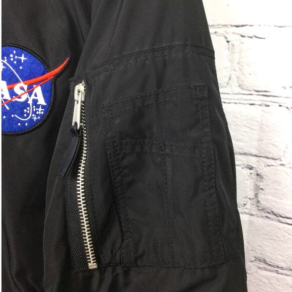 H&M Nasa Logo American Flag Patch Black Quilted Bomber Flight Jacket Kids 12/14 - Picture 6 of 13